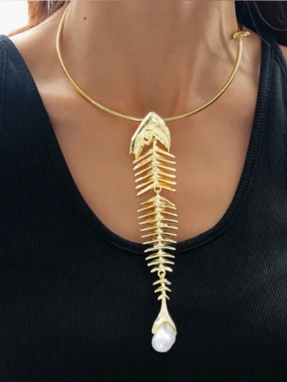 💛▪️House Of Harlow ▪️ Gold Fishbone Pendant Choker  Glass Stone Necklace